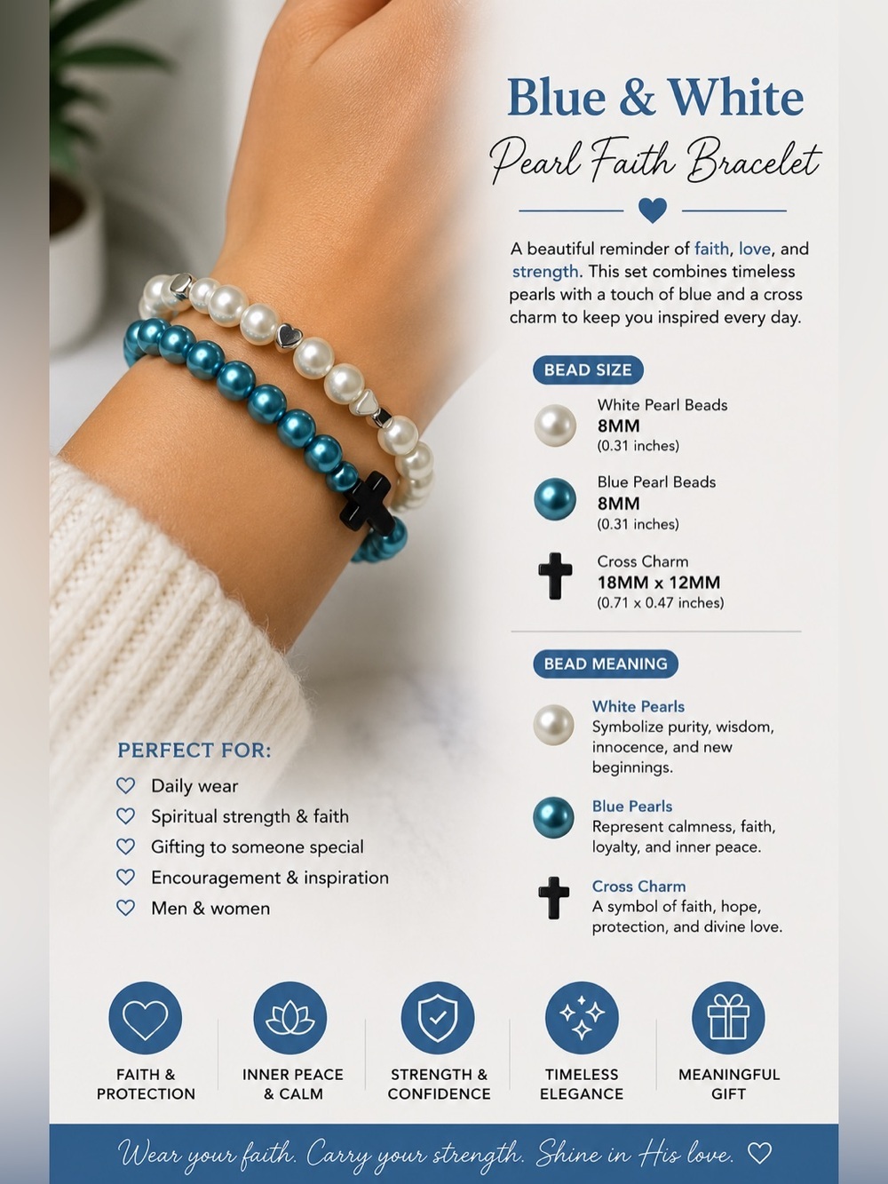 Blue & White Pearl Faith Bracelet